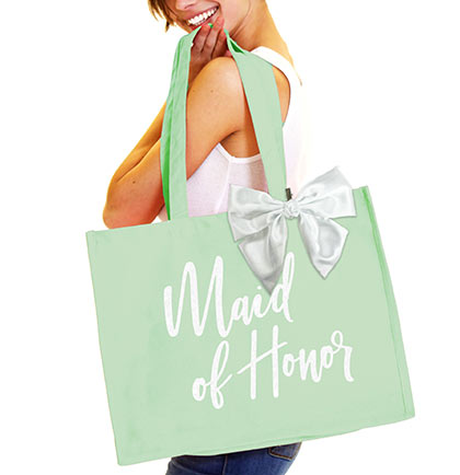 Maid of Honor White Glam Large Canvas Tote with White Bow