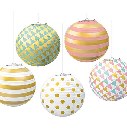 These pretty pastel Set of 5 Paper Mini Lanterns are perfect for a bridal shower or bachelorette party. The 5" round lanterns feature pastels colors in different patterns like polka dots and strips. The set comes with wire frames and string for easy hanging indoors or outdoors. 