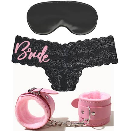 Pink Glam Bride Black Thong & Mask with Pink Handcuffs - Set of 3