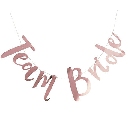 Decorate the bachelorette party with this fun metallic banner! It's a great inexpensive way to add additional fun and "pop" to your party! The 5ft banner says Team Bride in a pretty rose gold.