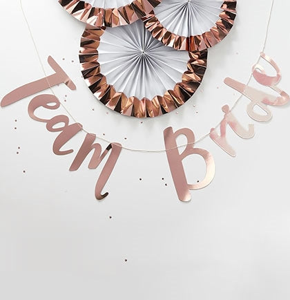 Decorate the bachelorette party with this fun metallic banner! It's a great inexpensive way to add additional fun and "pop" to your party! The 5ft banner says Team Bride in a pretty rose gold.