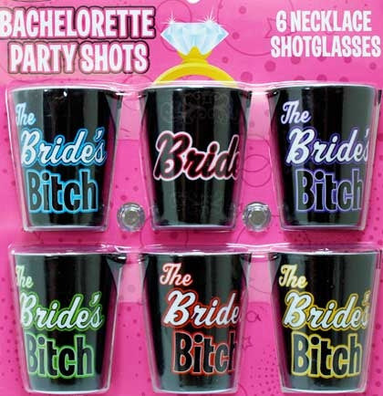 These plastic shot glasses are a fun party favor for a Bachelorette Party and help identify the bride. The set includes one "Bride" and 5 "Bride's Bitch" shot glass necklaces.