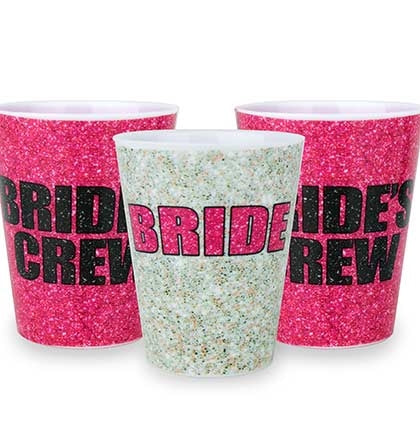 Take a shot celebrating the bride at the bachelorette party! These plastic shot glasses are a fun party favor for the bride and the crew. The set includes one BRIDE and 6 BRIDE'S CREW shot glasses.