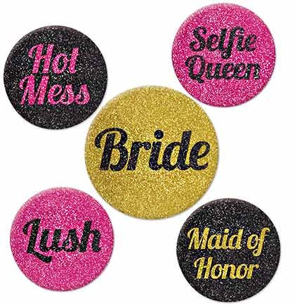 This set of 5 buttons are perfect for the bride's team! The 2" buttons say BRIDE, MAID OF HONOR, HOT MESS, SELFIE QUEEN & LUSH in various pink, black and gold!