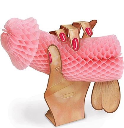 This naughty 11" long Pecker Tissue Centerpiece will bring a lot of laughs to the party. A paper hand is holding a pink honeycomb tissue pecker!