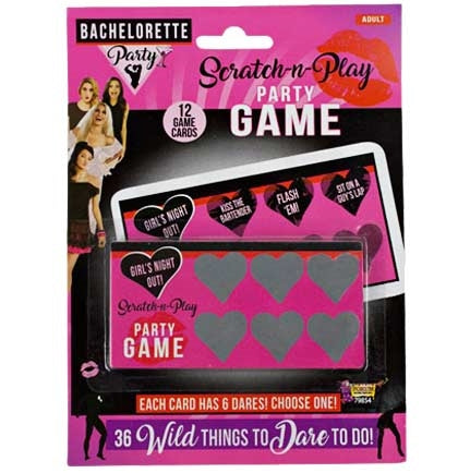 This Scratch a Dare game will have everyone at the bachelorette party doing wild and crazy things! Pass the twelve cards out to the players and they will have to scratch off the card and do the dare listed underneath.