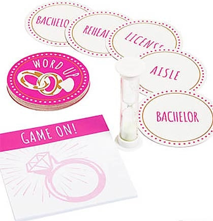 Create fun for your bachelorette party or bridal shower with this Guessing Game Kit. The kit comes with twenty-five different cards the guests have to guess, one notepad and one sand timer. Divide into two or more teams and have someone verbally or act out the clue for their team to guess. Try to guess as many right answers within 60 seconds, which you can time with the provided sand timer. Once the 60 seconds are up the next team goes. Whichever team has the most correct guesses at the end wins!