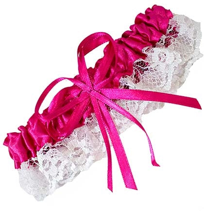 Oh la la! This sexy hot pink satin garter is trimmed with white lace and stretch's to fit most. The perfect favor for the bride to wear during the bachelorette party or lingerie shower.