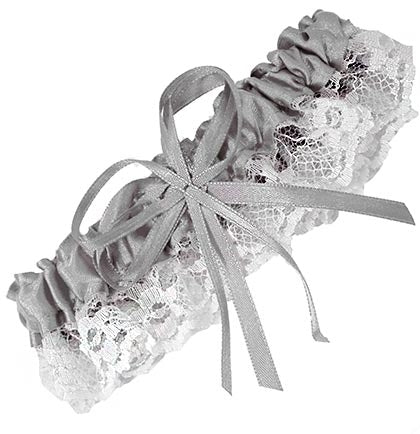 This stretchy silver satin and white lace garter is a must have. 