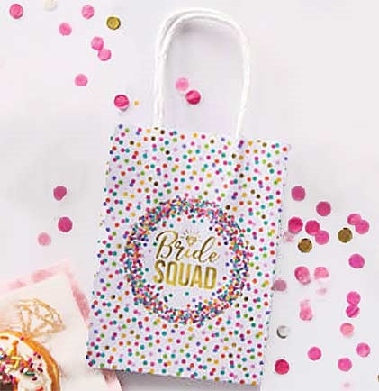 This small gift bag says Bride Squad surrounded with multi-colored confetti. The 7" tall gift bag is small enough to put a few party mementos or goodies. Then pass the gift bags out as thank you's as the party guests leave the party.