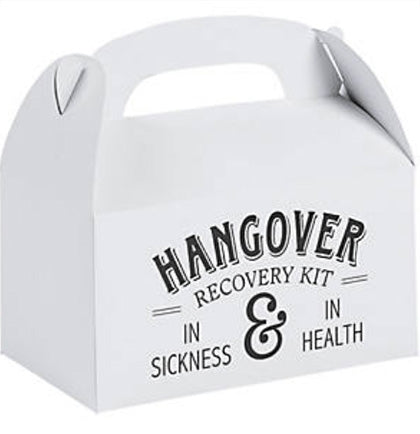 This fun gift box is a great way to package hangover kits for the guests for the next day! This white and black 6.25"x3.5"x5" cardstock box says Hangover Recovery Kit In Sickness & In Health. It's big enough to include all the staples of recovering from a night of partying.