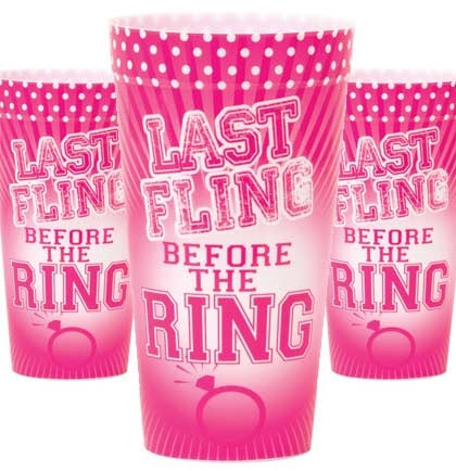 Let everyone know that it's the bride's last fling! People will expect a wild party when they see these cups! Get this set of three Last Fling Before The Ring plastic party cups for the guests.