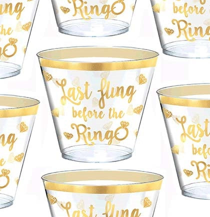It's your LAST FLING BEFORE THE RING! These 9oz set of 30 plastic cups are clear with metallic gold.