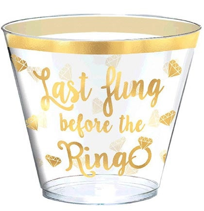 It's your LAST FLING BEFORE THE RING! These 9oz set of 30 plastic cups are clear with metallic gold.