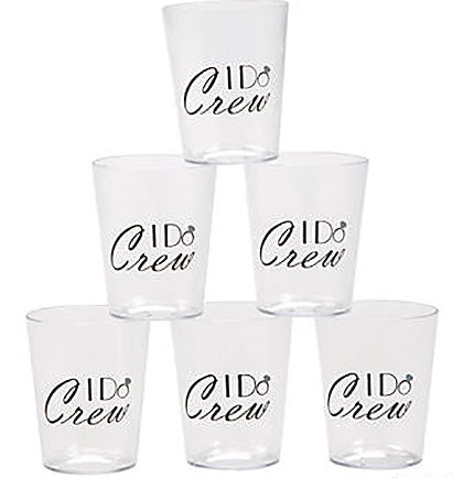 Celebrate the bachelorette party crew with a shot! Get these 2" tall plastic glasses for all of the attendees--makes a great toast or photo op! The plastic glasses holds 2oz. of liquid are clear and black and say I DO CREW.