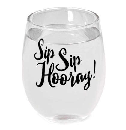 Celebrate at the bachelorette party or bridal shower with these fun stemless wine glass! This glass is sturdy and will hold 9oz. With the black imprint of Sip Sip Hooray these are perfect for any themed bachelorette party or bridal shower.