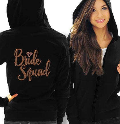 Bride Squad Diamond Rose Gold Rhinestud Lightweight Black Hoodie