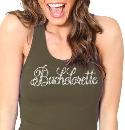 Flirty Bachelorette Rhinestone Tank Top: Army Green