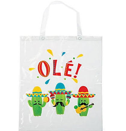 This super fun clear tote bag is perfect to hand out to pass out to the guests at a Final Fiesta Bachelorette Party! This large 15"x17" bag says Olé and is accented with cute cactus mariachi players.
