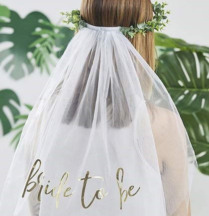 Have a bohemian bride who wants to stand out at her parties? This stunning plastic eucalyptus crown with white veil says 'Bride to Be' in a gold foil graphic.