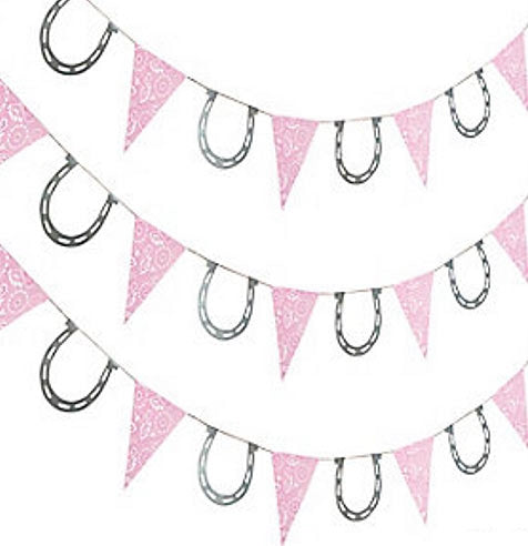 Decorate a western cowgirl bachelorette party with this fun pennant banner! The 7ft long banner has pink bandana print pennants and grey horseshoes!