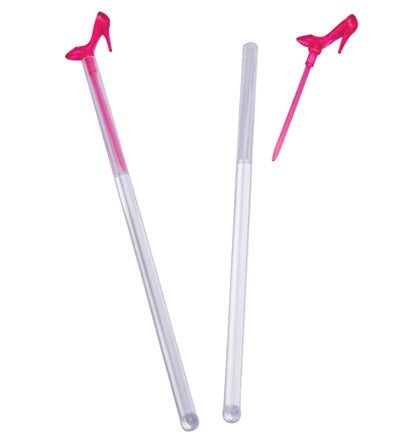 Stir your favorite drinks with these adorable stiletto stirrers! The set of twelve stirrers are decorated with a pink stiletto on top. The stiletto can be removed and used as a pick for a fun accent to the drink.
