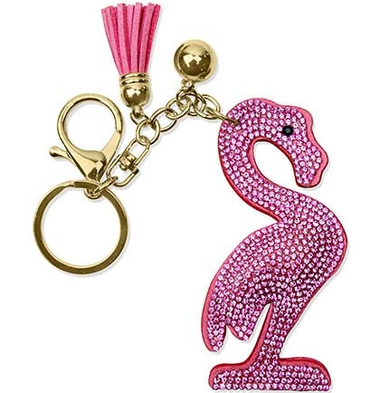 This fun 3.75" pink felt with rhinestone Flamingo shaped keychain is accented with a pink tassel and a gold bead on the chain.