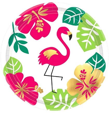 These fabulous 7" Flamingo Aloha dessert plates are perfect for the bachelorette party. These fun plates have a flamingo with gold metallic accents and hibiscus flowers! 