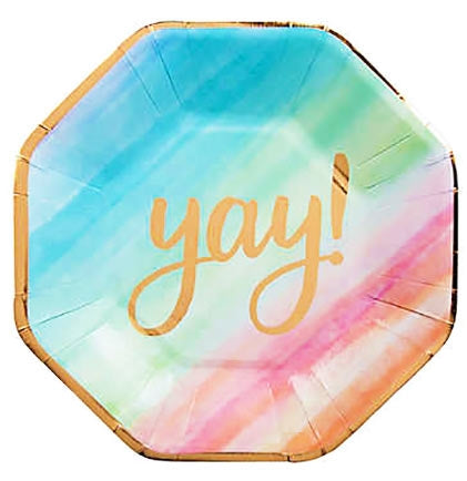 These 7" Yay dessert plates are perfect to have a bachelorette party of bridal shower. The unusual octagon shaped with pretty pastels and gold fold will be the perfect touch to the dessert table. Your desserts will just look better on them!