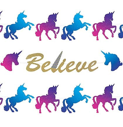 Do you BELIEVE in Unicorns? This gold metallic banner is accompanied by pink and turquoise unicorns. The 12ft ribbon provided is long enough for two separate banners!
