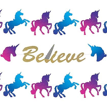 Do you BELIEVE in Unicorns? This gold metallic banner is accompanied by pink and turquoise unicorns. The 12ft ribbon provided is long enough for two separate banners! 