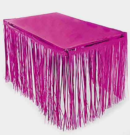 This metallic foil fringe table skirt will add some pizazz to your party! The skirt is large enough to fit most tables around the edge at 9ft long and 29" wide, but does not cover the table top (Shown with a table cover in pink, not included). 
