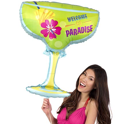 Get this fun 28"x23" Welcome To Paradise margarita shaped glass shaped mylar balloon for a tropical bachelorette party!