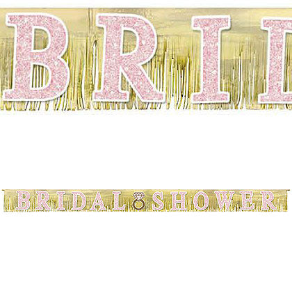 This large 10ft long Bridal Shower Fringe Banner is perfect to hang in front of a large party table. You can also create a stunning backdrop behind the table with other pink and gold decorations for a festive party look.