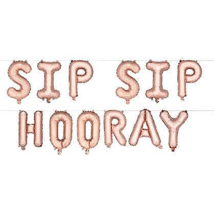 Celebrate the bride with this fun rose gold mylar balloon set! This helium free set includes twelve individual letters that says Sip Sip Hooray in a pretty metallic rose gold. Just fill with air and string on the ribbon to hang against a wall or party table. Perfect for a bachelorette party, bridal shower or any wedding event. 