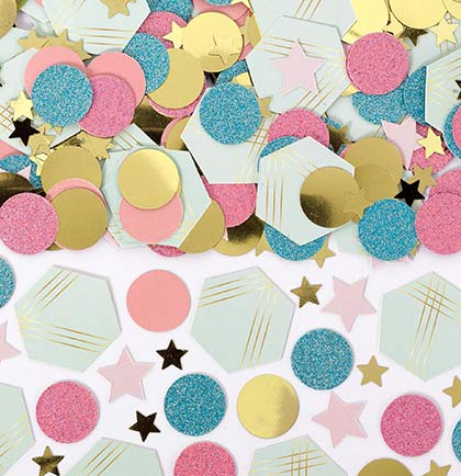 This fun colorful confetti will look great sprinkled on the party tables. The large geometric shapes include hexagons, circles and stars in glitter, foil and cardstock. Not only will your party tables look great, but it's also great to include it in the favor bags handed out to the party guests for added fun.