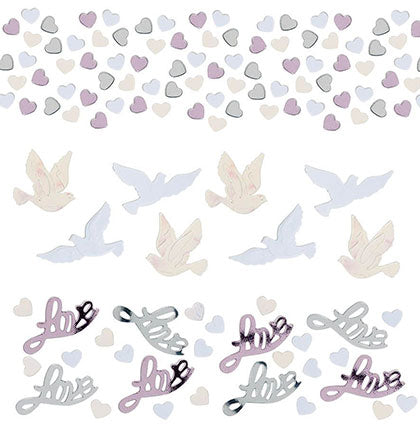 Decorate the party tables with this confetti. The mix of iridescent pinks and white confetti comes with hearts, doves and the word love. This easy decoration with add a lovely touch to the tables or add it the the favor bags to give out to the party guests. 