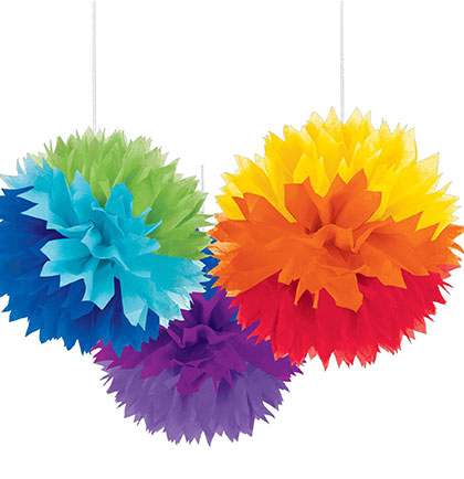 These large Rainbow Fluffy Poufs are an easy and inexpensive way to decorate the a gay bachelor or bachelorette party. The set of three tissue poufs are 16" in diameter. Hang from a doorway, the ceiling or create a fun backdrop to take pictures during the party. Perfect for any LGBTQ+ party. 