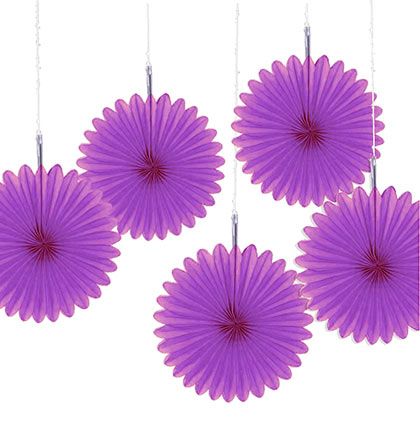 These colorful purple tissue hanging fans will be add pops of color to a bachelorette party. The set of five fans can be used to decorate doorways, hang from ceiling or create a fun backdrop for pictures.