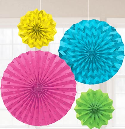 These bright colorful Neon Glitter Hanging Fans will be a lot of fun decorating a bachelorette party. The fans come in four different colors, three different sizes and have a glittery polka dots and chevron patterns. The set of four fans can be easily hung against a wall, off of light fixtures or in doorways.