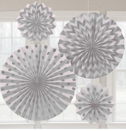 These Set of Four Silver Glitter Hanging Fans will add a touch of class to a bachelorette party or bridal shower. The different sized paper fans have glittery polka dots and chevron patterns. Hang them from the ceil or create a backdrop behind a bar or buffet table.