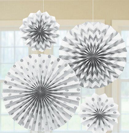 These stunning White & Silver Glitter Hanging Fans will be the perfect touch to help decorate a bridal shower or bachelorette party. The set of four glitter hanging fans have  glittery polka dots and chevron patterns and come in three different sizes. 