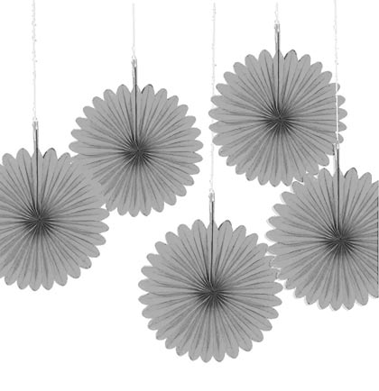 Having a silver themed or using silver as an accent color for a Bachelorette Party or Bridal Shower? These set of five silver tissue hanging fans will be fun to hang from the ceiling, doorway or create a backdrop behind a bar or party table.