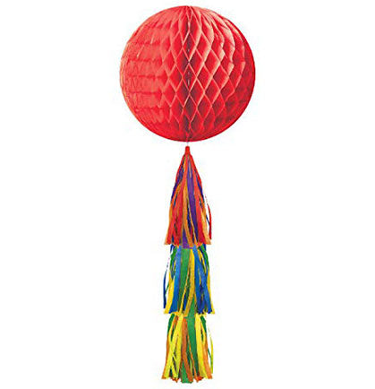 This Rainbow Honeycomb decoration will add a fun pop of color to the bachelorette party. The 28" long hanging dangler has a red honeycomb ball a rainbow fringe tail for a fun decoration. Hang the decoration from the ceiling, a light fixture or a large doorway.