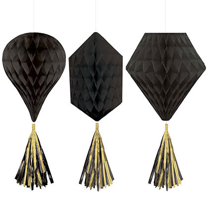 Glam up your bachelorette party with these Black Honeycomb Decorations. The set of three comes in three unique shapes: hot air balloon, diamond and hexagon. The decorations have a 3D effect. Each decoration has a 6" fringe black and metallic gold tail at the bottom.