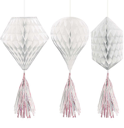 These White Honeycomb Decorations are perfect for a bachelorette party or bridal shower. The set of three decorations comes in three unique shapes: hot air balloon, diamond and hexagon. The decorations have a 3D effect once assembled. Each white decoration has a 6" white and metallic light pink fringe tail at the bottom.