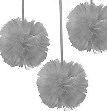 Create a glamourous look with these Silver Tulle Poufs. The set of three 12" tulle poufs are perfect for any themed bachelorette party or bridal shower. Hang them from doorways, against a wall or from the ceiling.