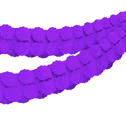 This Purple Paper Garland is 12ft long and can be used in multiple ways. Hang the tissue paper garland vertically or horizontally to create a fun party look. Use the garland to drape against a wall, staircase or from the ceiling or doorway.
