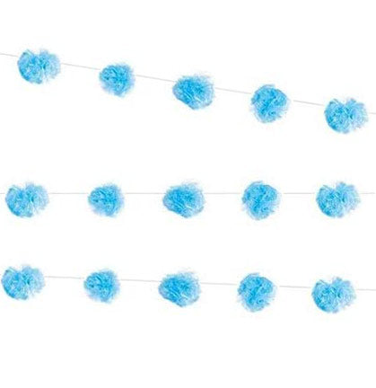 Create a whimsical look at the bachelorette party or bridal shower with these Light Blue Tulle Pom Pom Garland. The garland is 7ft and comes with 11 Tulle Pom Poms. Hang the garland against a wall or drape it against a party table.