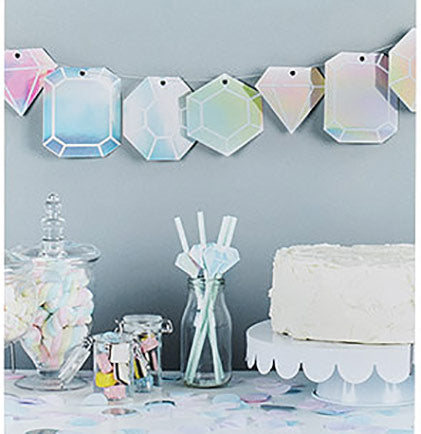 This pretty iridescent garland is the perfect bachelorette party decoration to decorate walls, doorways or party tables! This 8ft long garland comes with fifteen shaped gemstones on a white string. It will add glam wherever you use it to decorate!